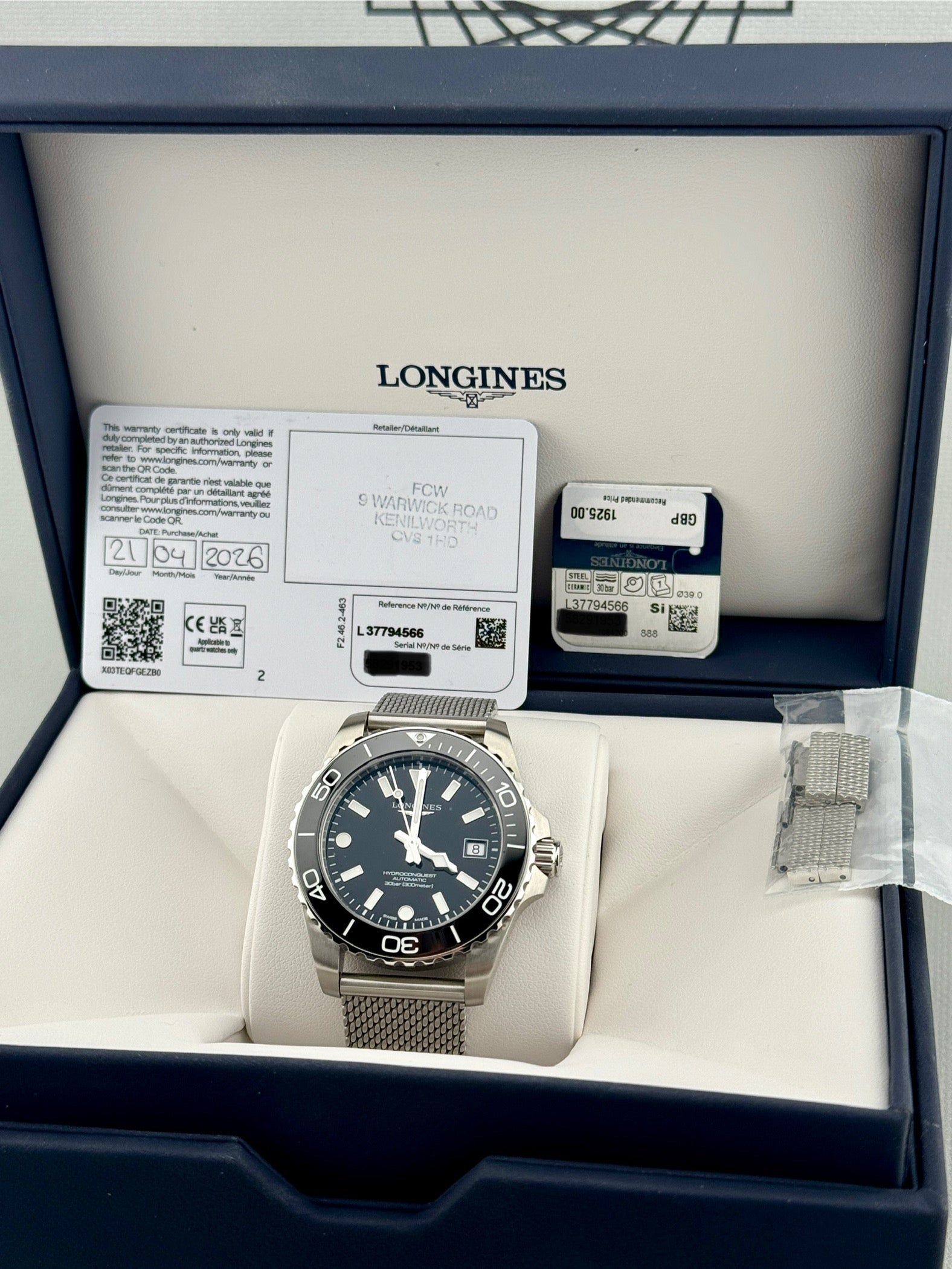 2026 Longines Hydroconquest Auto 39mm L3.779.4.90.6 Full Set + Warranty to 2031
