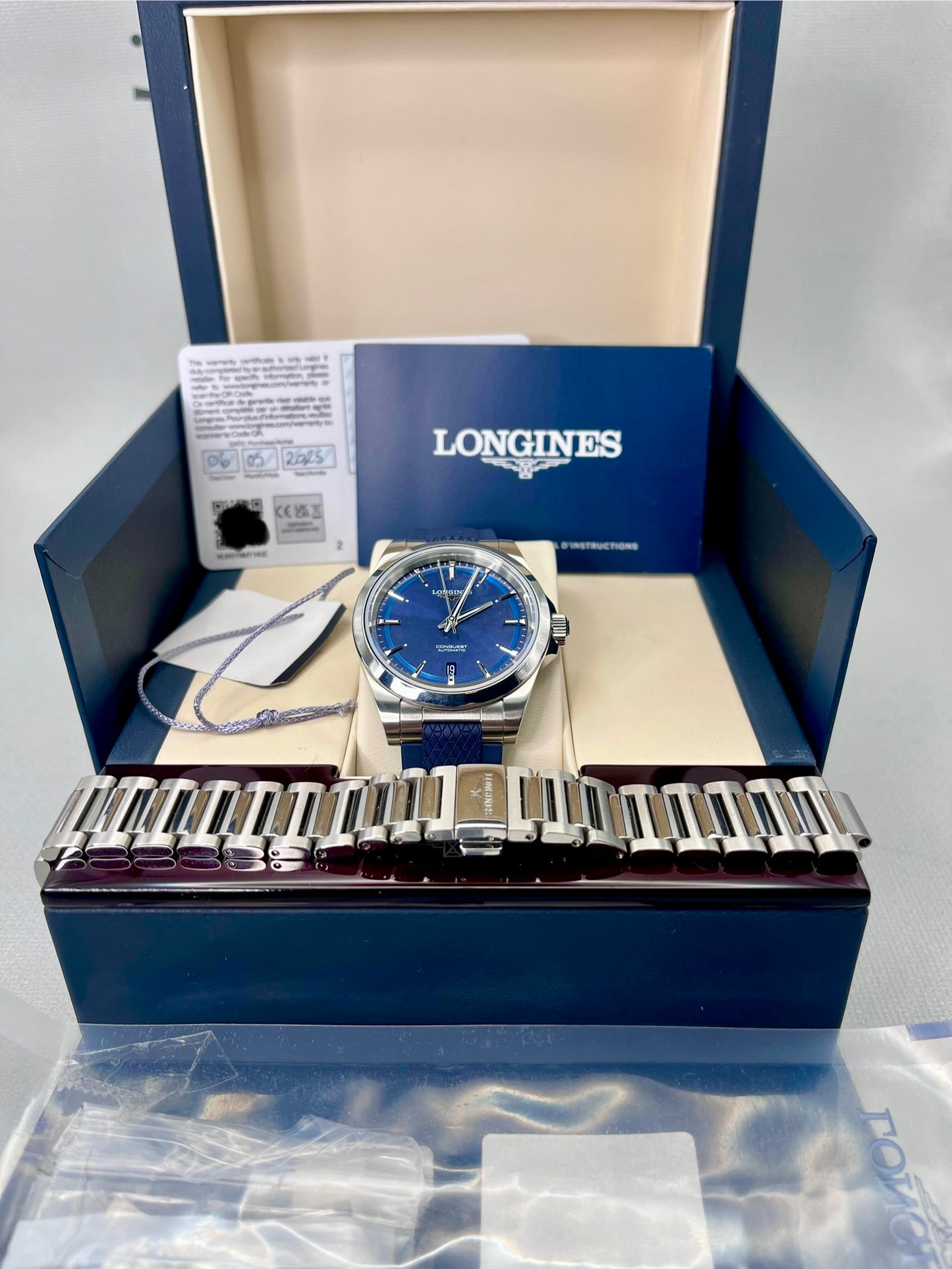 2025 Longines Conquest Automatic - 2 x OEM Straps - 38mm - Mint -L3.720.4.92.9
