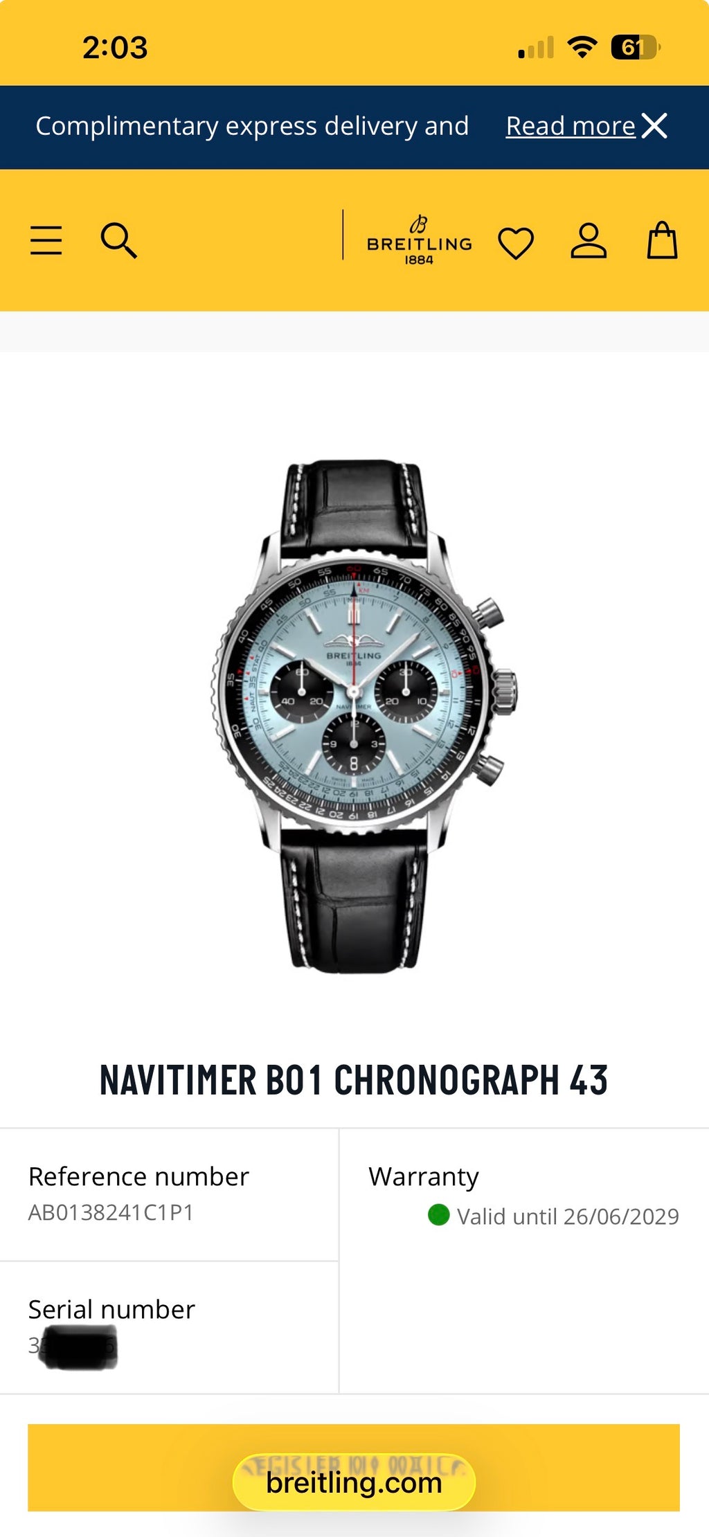 2024 Breitling Navitimer 1 BO1 Chrono Auto 43mm AB0138241C1P1 Full Set